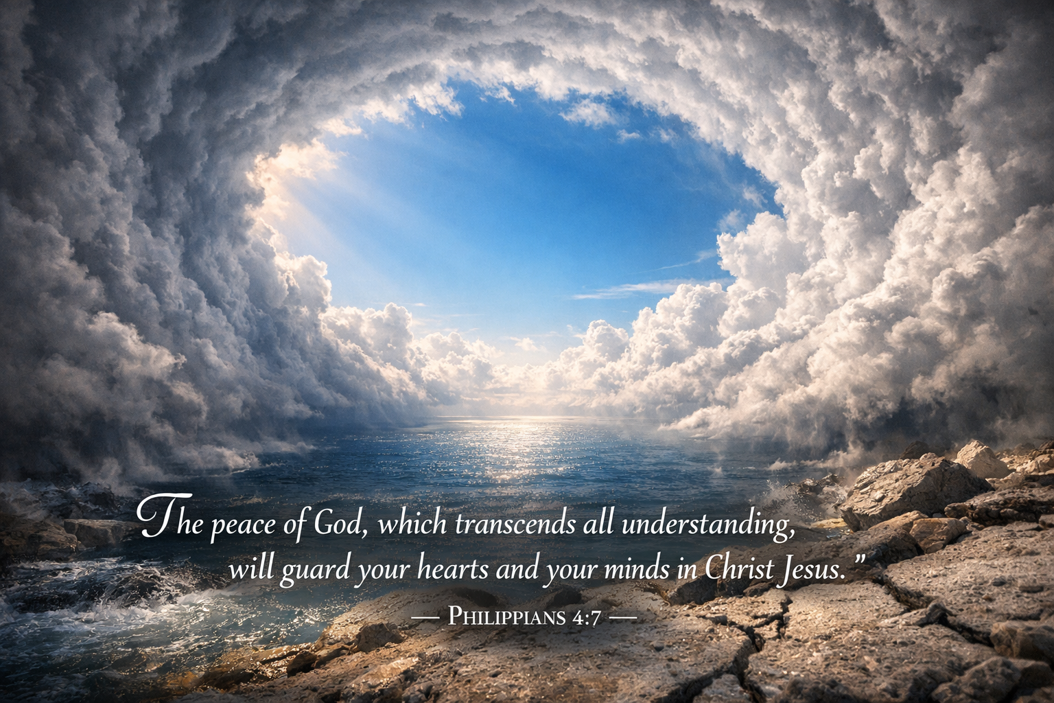 Bible verse wallpaper Philippians 4:7 with calm blue eye of hurricane surrounded by massive storm wall clouds